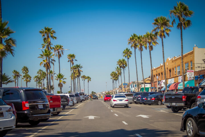 Street lined with palm trees in Newport Beach, California
